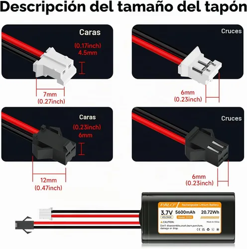 Vista 4 de Batería de 5600 mAh 3.7 V con enchufe JST-PH 2.0 de 2 pines, batería recargable de 3.7 voltios para juguetes RC, iluminación (1S2P)