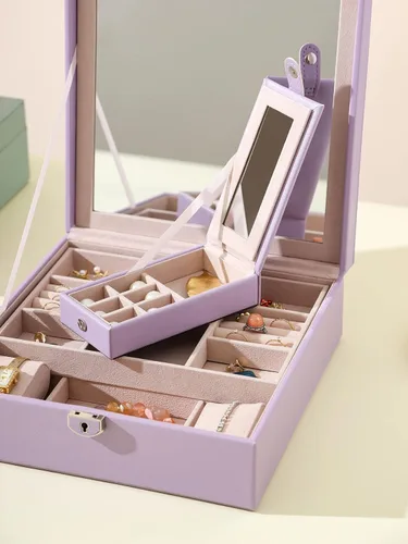 Vista 5 de AOSIFIEL Joyero con cerradura para organizador de joyas de viaje con espejo para mujeres, adolescentes y niños, estuche de joyería de escritorio