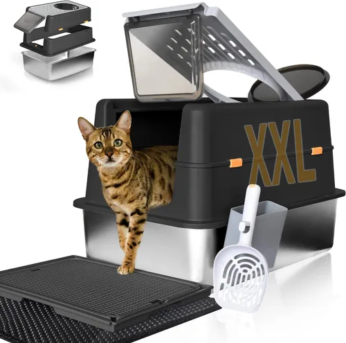 Vista 10 de Caja de arena de acero inoxidable con tapa, diseño XL cerrado antifugas para gatos grandes, sistema de caja de arena de metal antiadherente fácil