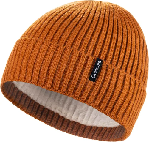 Vista 38 de Ocatoma Gorro para hombre y mujer, cálido gorro de invierno tejido con puños, suave y cálido, gorro de esquí unisex Camello gris