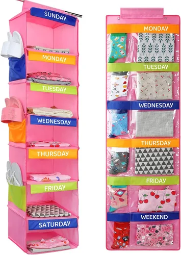 Vista 7 de Woanger Organizador semanal de ropa colgante para niños, 2 unidades, 11.8 x 11.8 x 48 pulgadas, estante para actividades diarias, organizador