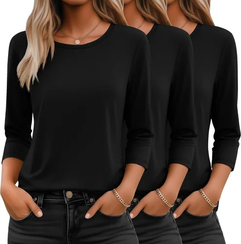 Vista 8 de Ficerd Paquete de 3 camisetas de manga 3/4 para mujer, cuello redondo, camisetas básicas elegantes, casuales, modernas, holgadas