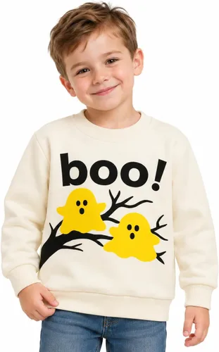 Vista 10 de HILEELANG Sudaderas de Halloween para niños pequeños, de algodón, sin botones, con estampado de calabaza, murciélago, boo, para niños y niñas