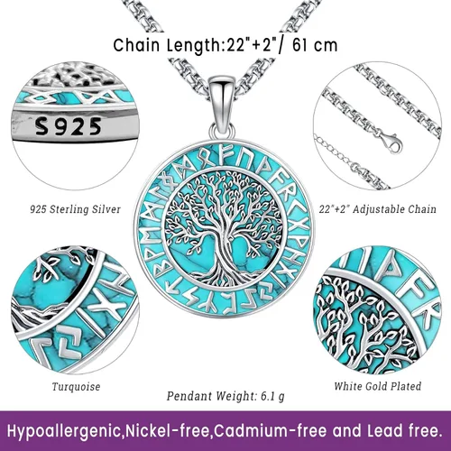 Vista 10 de Joyas de turquesa para mujeres y hombres de plata de ley 925 con colgante de urna para cenizas, collar con medallón de imagen, martillo de Thor