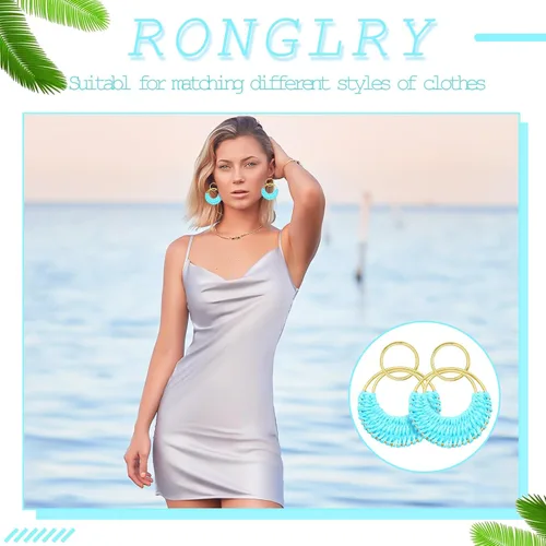 Vista 2 de Ronglry Aretes bohemios de ratán de rafia para mujeres y niñas, ligeros, hechos a mano, de mimbre trenzado, grandes, divertidos, modernos, regalos