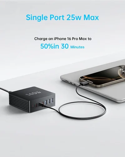 Vista 11 de Estación de carga USB C, estación de carga rápida GaN III de 7 puertos de 140 W, estación de carga USB PD 3.0 para múltiples dispositivos, estación