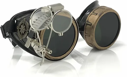 Vista 24 de UMBRELLALABORATORY Gafas de estilo victoriano Steampunk con diseño de brújula y lupa ocular, gafas para rave