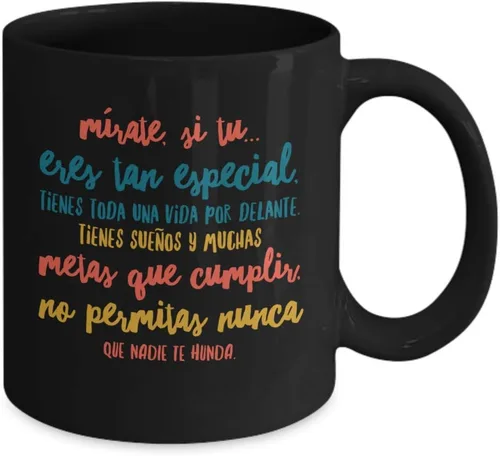 Vista 2 de Taza de Cafe Mirate Vaso, taza café divertidas, tazas personalizadas, taza de téa inspiradoras, taza con mensajes positivos., 11onza, Negro