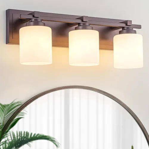 Vista 26 de 1 Luminaria Moderna de Baño sobre Espejo, Luces de Tocador Negro Dorado para Apliques de Pared de Baño con Pantallas de Vidrio Blanco Lechoso