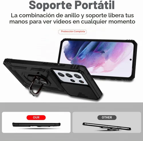 Vista 7 de Funda para Samsung Galaxy S21 Ultra con cubierta para lente de cámara, protector de pantalla HD, prueba de caídas de grado militar, soporte de Negro