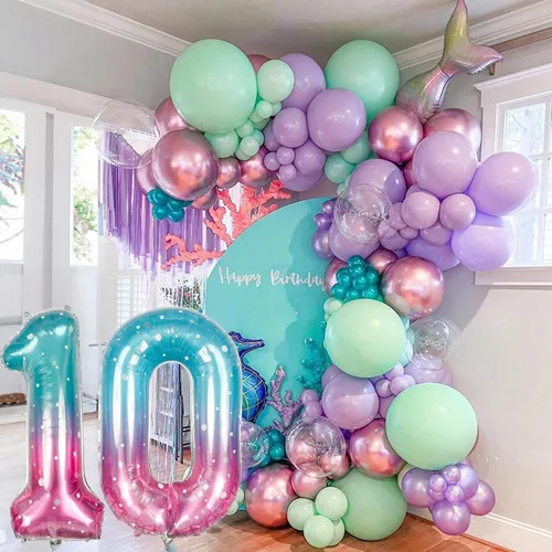 Vista 5 de Globos de Sirena Número 0 de 40 Pulgadas, Juego de Globos de Números Grandes Morado Verde Azulado Arcoíris 0-9, Globos de Números de Papel