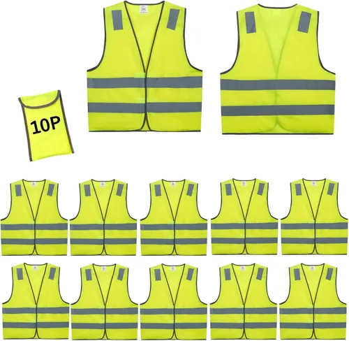 Vista 10 de Chalecos de seguridad azules 10 unidades - Chalecos de alta visibilidad reflectantes para construcción Clase ANSI 2 para hombre, mujer, malla