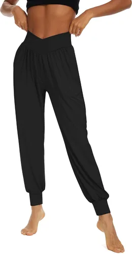 Vista 2 de Anbenser Pantalones deportivos de cintura alta para mujer, pantalones deportivos cruzados para yoga, con bolsillos