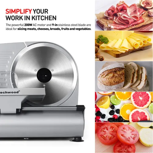 Vista 7 de Cortador de carne, Techwood Cortador eléctrico de alimentos delicatessen con hoja de acero inoxidable extraíble de 9", Cortador de queso, frutas