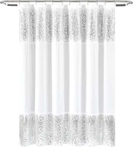 Vista 4 de Lush Decor 1 cortina de ducha con lentejuelas brillantes, diseño elegante y brillante para baño, 70 x 72 pulgadas, plateado y blanco, 70 x 72