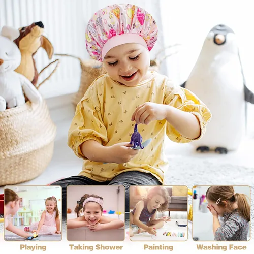 Vista 6 de 4 PIEZAS Gorros de Satén para Niños, Gorro de Dormir Infantil, Gorro de Seda Suave con Banda Elástica Ancha, Gorros Transpirables para Bebé, Gorros
