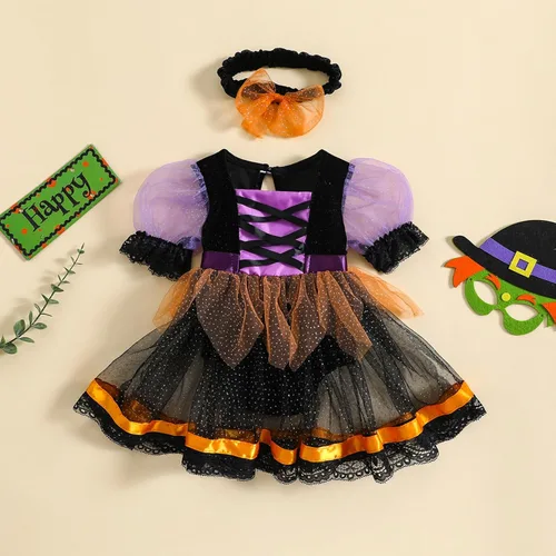 Vista 2 de Disfraz de bruja de Halloween para niña pequeña, vestido de tul con manga abombada, vestido de tul con falda tutú de encaje, traje de fiesta