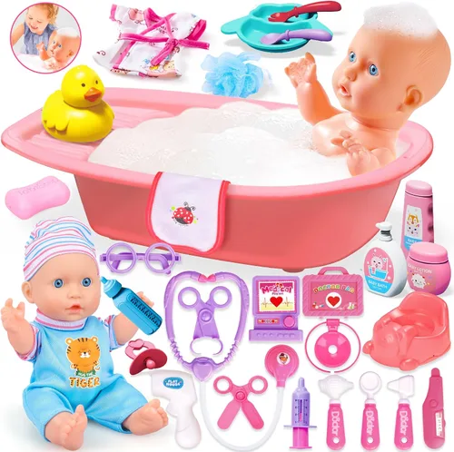 Vista 10 de Juego de juguetes para muñecas de bebé, juguetes de muñeca de 14", juego de juguetes para el cuidado de las muñecas de 25 piezas, juego de muñecas