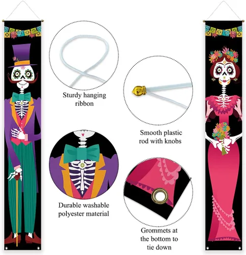 Vista 3 de Allenjoy Cartel de Día de los Muertos para puerta, cartel de Halloween, disfraz de México, Día de los Muertos, baby shower, suministros de fiesta