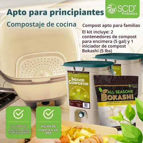 Vista 2 de Kit de inicio para Compostera de interior All Seasons - Dos cubos de compostaje de tamaño familiar para encimera de cocina y Bokashi Bran Starter 5