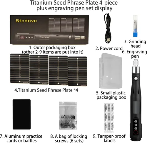 Vista 9 de Titanio Crypto Seed Phrase Card, Heavy Duty Seed Phrase Storage Wallet, Negro -, 4 unidades. y pluma de grabado eléctrica