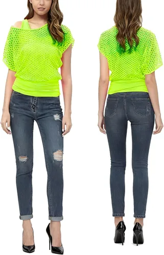 Vista 3 de MAGICMK Conjunto de 2 piezas de disfraces de los años 80 para mujer, camiseta sexy de red neón con hombros descubiertos, traje de fiesta casual retro