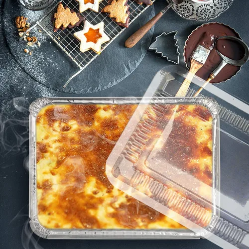 Vista 6 de HOZEON Paquete de 125 bandejas de papel de aluminio de 8.5 x 6 pulgadas con tapas transparentes, capacidad de 2.25 libras, recipientes desechables