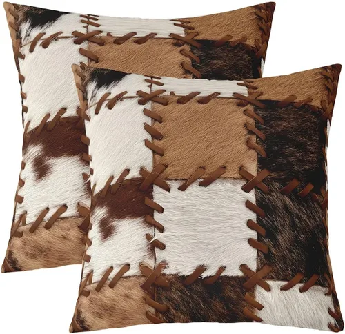 Vista 24 de Juego de 2 fundas de almohada con estampado de piel de vaca de 16"x16", fundas de cojín de piel de vaca para sala de estar, dormitorio, casa