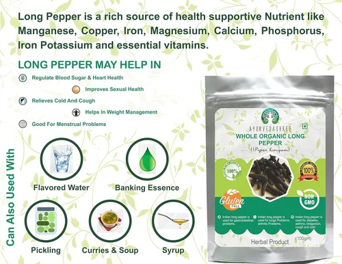 Vista 3 de AYURVEDASHREE Pimienta larga india entera prémium (Pippali) 3.53 oz - Auténtico pipli, thippili y pimienta negra larga