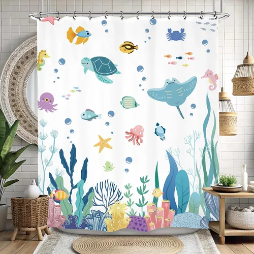 Vista 4 de Cortina de ducha para niños, 60 pulgadas de ancho x 72 pulgadas de largo, linda tortuga corales submarinos para niños y niñas, peces marinos, juego