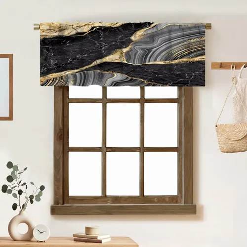 Vista 14 de Cortina de cenefa de mármol verde con venas doradas de mármol negro, diseño abstracto de lujo, elegante cenefa con bolsillo para barra, 1 panel
