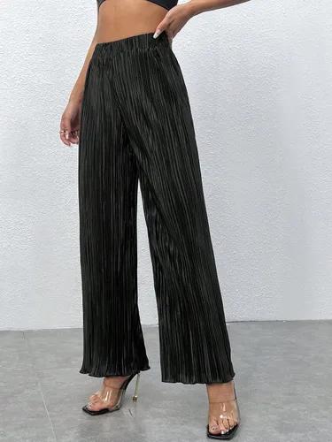 Vista 4 de Floerns Pantalones largos con cintura elástica plisada y pierna ancha para mujer