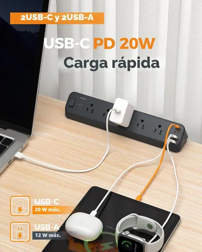 Vista 5 de Regleta de Energía con Abrazadera para Escritorio Negra, TESSAN Cable de Extensión de Enchufe Plano de 6 Pies con Múltiples Tomacorrientes, 5