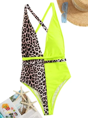 Vista 4 de SweatyRocks - Traje de baño entero, traje de baño sexy para mujer, con tirantes cruzados, nudo frontal y escote profundo en V, traje de baño de 1