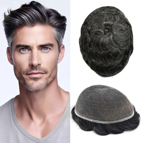 Vista 24 de Peluca de cabello humano con encaje completo, línea capilar real, para hombre, peluca de cabello con nudo blanqueado, pieza de pelo para hombres