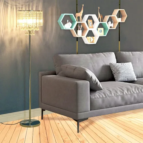 Vista 2 de beaysyty Modern Elegance - Lámpara de pie de cristal, interruptor de pie de encendido/apagado, 3 luces de cristal y cristal, lámpara de esquina