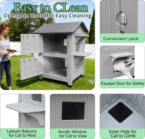 Vista 5 de Casa para gatos al aire libre, resistente a la intemperie, casas de plástico para gatos con puerta de escape, 2 pisos para interiores, impermeable