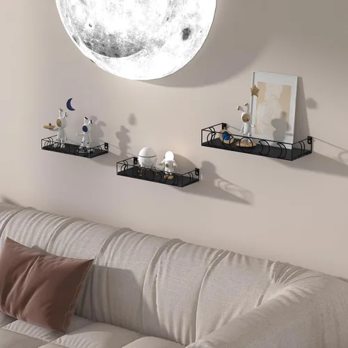 Vista 2 de Estantes de Pared con Fases Lunares Negros, Paquete de 3 Estantes Flotantes Pequeños para Libros y Plantas para Dormitorio, Habitación Infantil