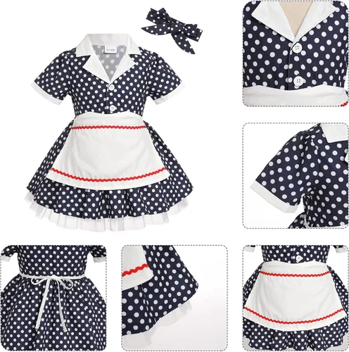 Vista 5 de ODIZLI Disfraz de Halloween para niñas y niñas, vestido de manga corta con volantes y diadema de los años 50, disfraz de fiesta