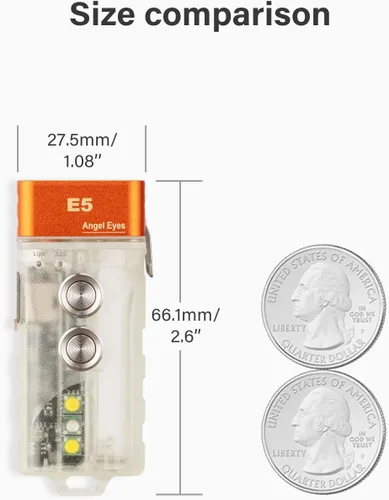Vista 6 de Linterna con llavero RovyVon Angel Eyes E5 GITD, linterna EDC con 700 lúmenes de luz principal y luces auxiliares prácticas, alimentada por batería