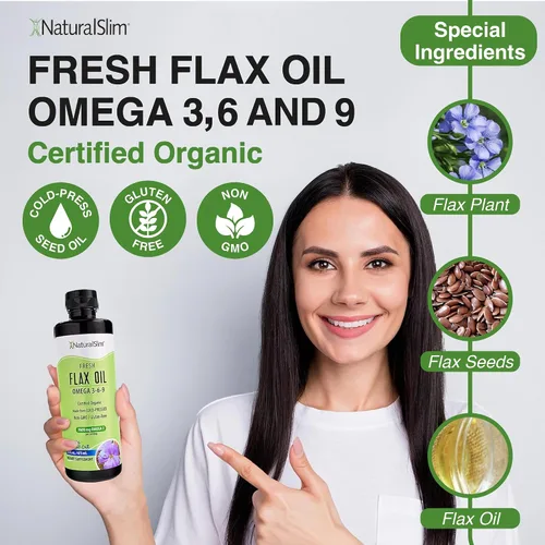 Vista 3 de NaturalSlim Aceite de linaza líquido de sabor fresco, aceite de lino orgánico prensado en frío y alto en Omega 3 6 9 ácidos grasos, suplemento