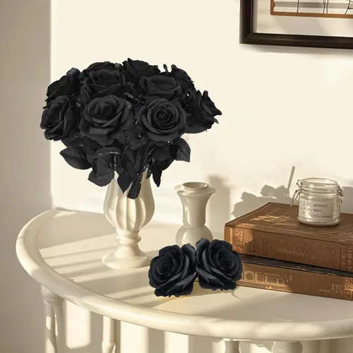Vista 4 de Eternal Blossom 10 flores artificiales de seda de rosa negra de 19.7 in para ramo de novia, decoración de boda para el hogar Negro