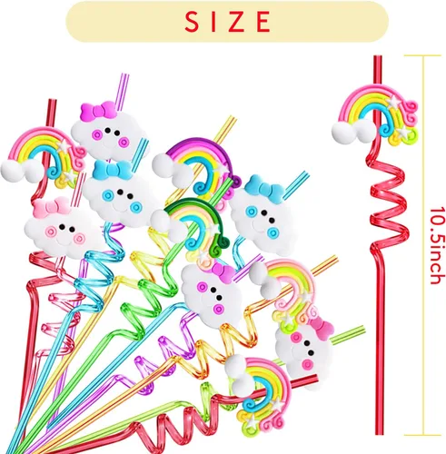 Vista 3 de Suministros para fiesta de cumpleaños de arco iris, pajitas de plástico para beber, 24 para niños y niñas, decoraciones de fiesta de nube arcoíris