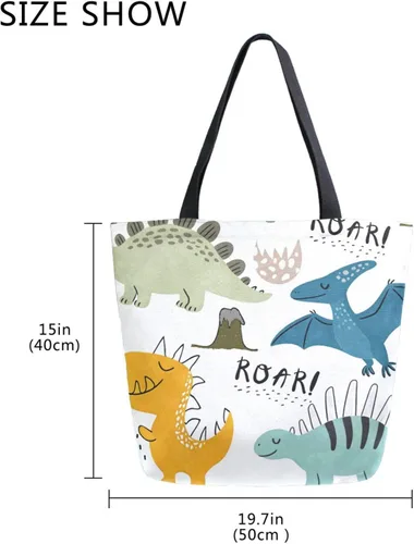 Vista 5 de SUABO Bolsa de asas de cocina reutilizable para comestibles, bolsa de compras de lona para exteriores Dinosaurio