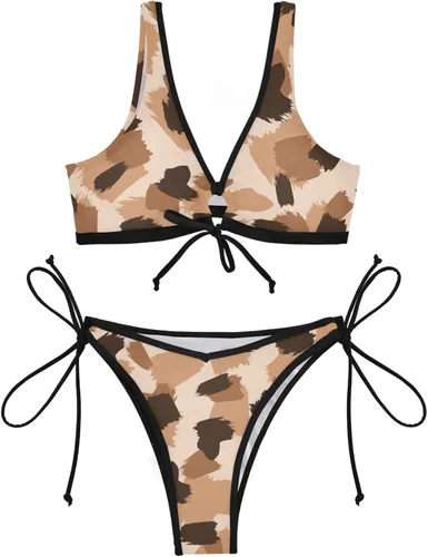 Vista 2 de Traje de baño de dos piezas para mujer, estampado animal, negro, blanco, sexy, traje de baño halter con cordón triangular, correa frontal, conjunto