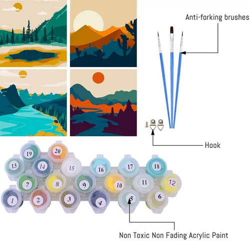 Vista 2 de FQOVKYN Paquete de 4 pinturas de atardecer por números para adultos principiantes, pintura de paisajes por números sobre lienzo, pintura acrílica