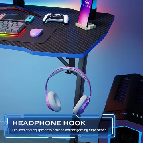Vista 5 de PayLessHere Mesa de Juegos de 35" Azul Escritorio de Computadora en Forma de Z con Marco de Acero, Gancho para Auriculares, Pies Ajustables