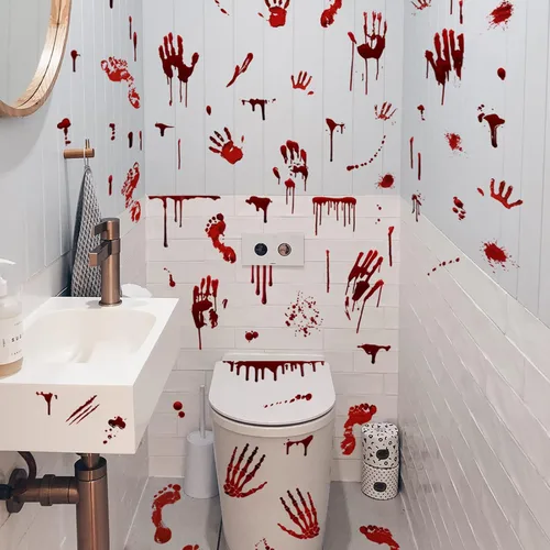 Vista 3 de Calcomanías de pared de huellas de manos sangrientas de Halloween, calcomanías de pared para decoración de fiesta de Halloween, decoración