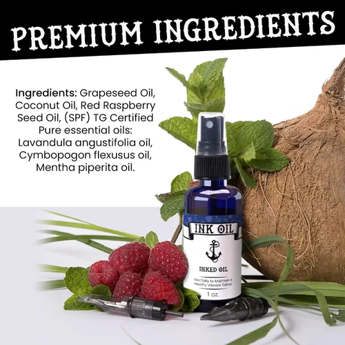 Vista 2 de Ink Oil Aceite orgánico para tatuajes para curación, loción natural para cuidado posterior de tatuajes con aceites esenciales de grado terapéutico