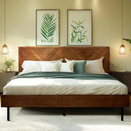 Vista 14 de Acacia Alander - Marco de cama de madera maciza con cabecera de cheurón Caramelo.